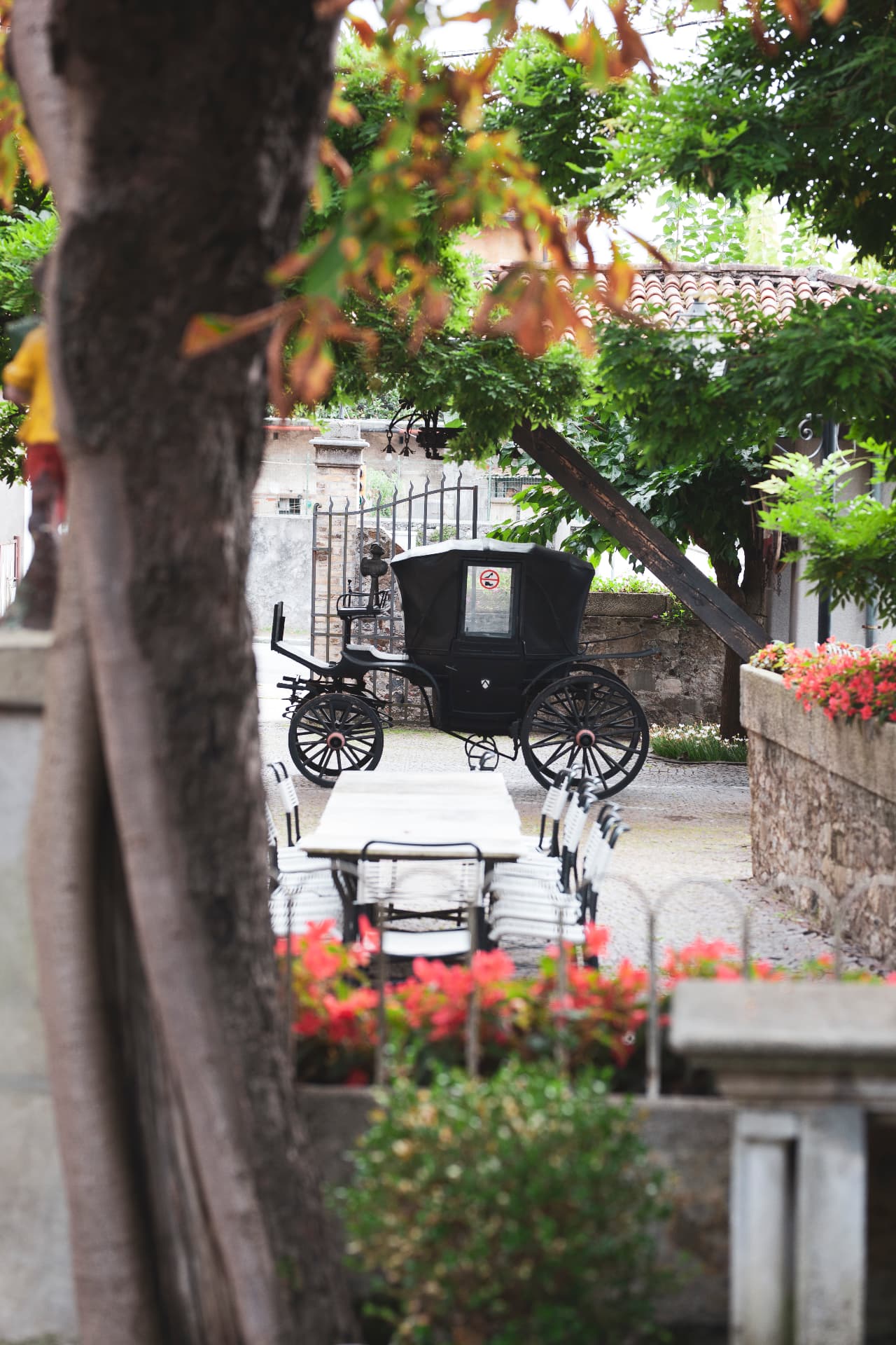 Giardino esterno della Trattoria Alla Vedova con carrozza d'epoca